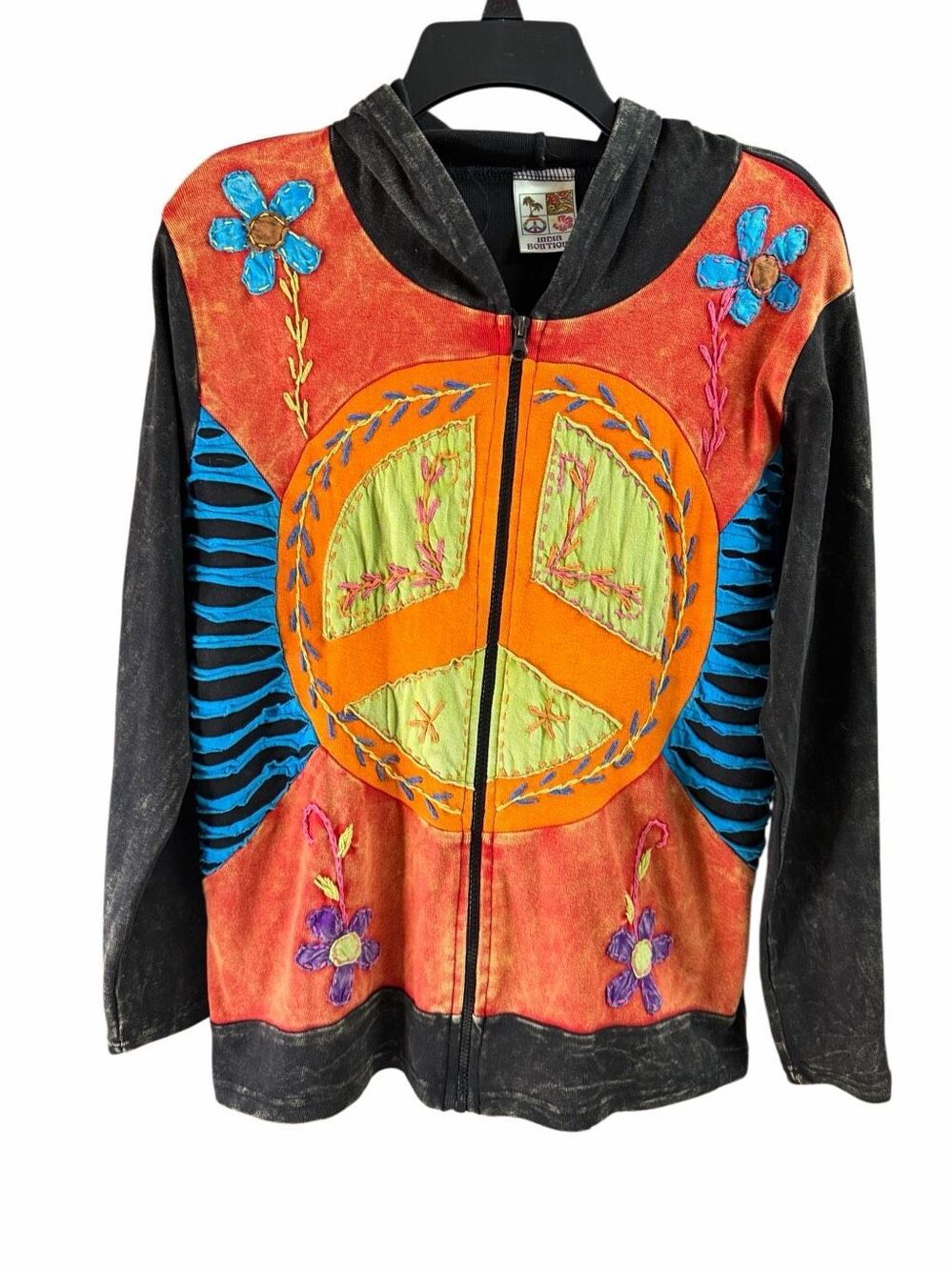 India Boutique Appliqué Embroidered Peace Sign Cotton Zip Hoodie Jacket Boho